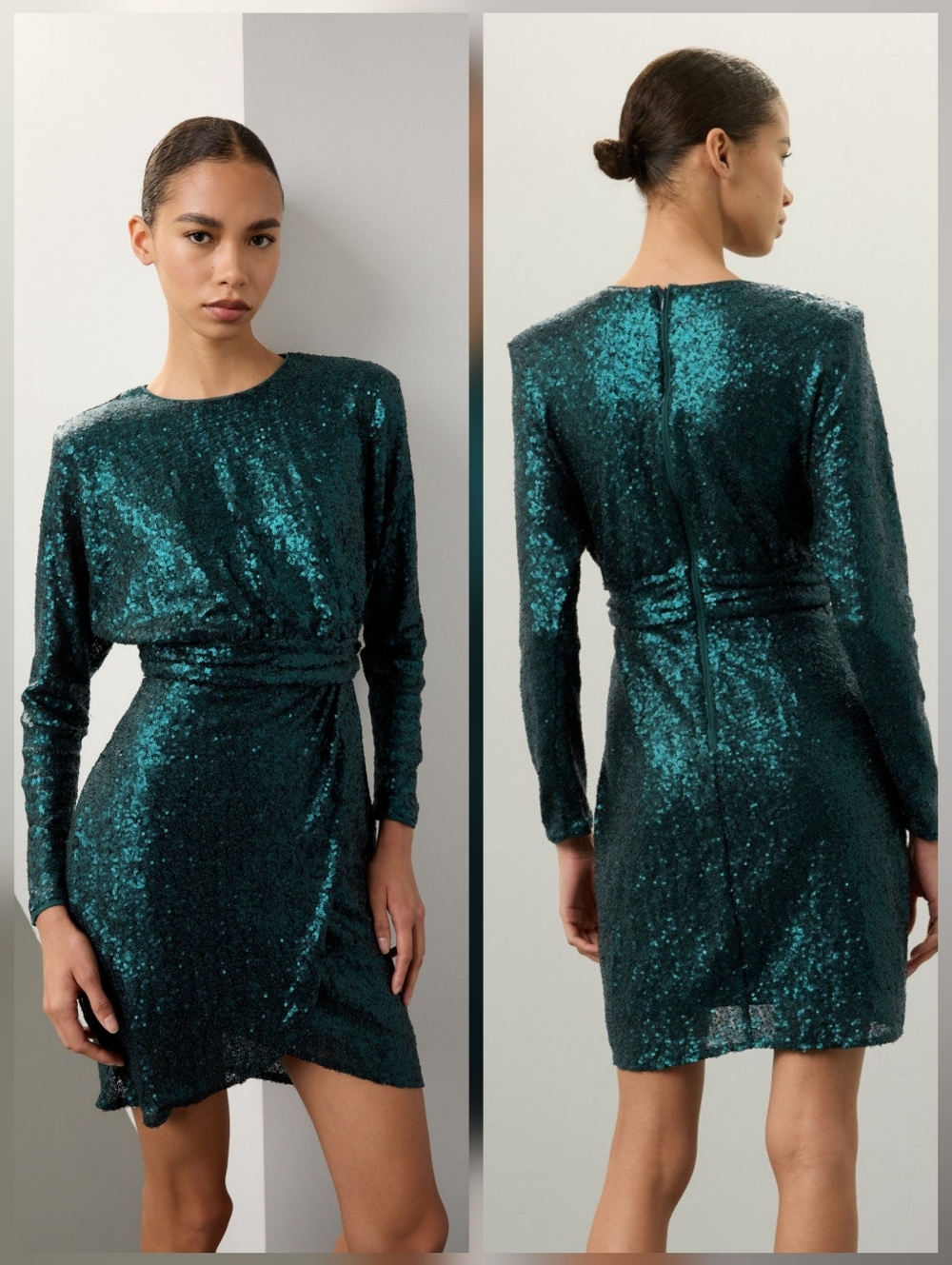 Donna Morgan Green Sequin Dress Long Sleeves Crewneck Back Zipper Size 10